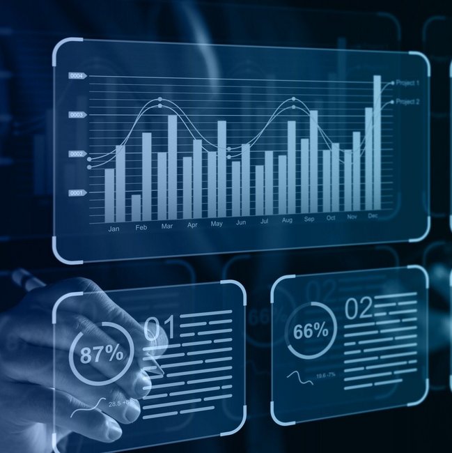 Headerbild mit einem digitalen Dashboard mit Grafiken und Diagrammen.